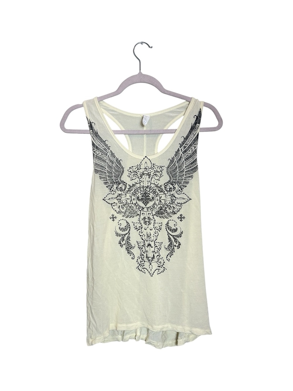 Affliction Cream Racerback Tank with Black Winged Cross Graphic